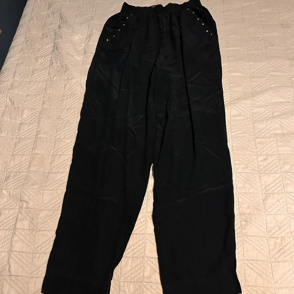 I.B. Diffusion Vintage 100% Silk Black Studded Pocket Wide Leg Pants 8 - Picture 1 of 5